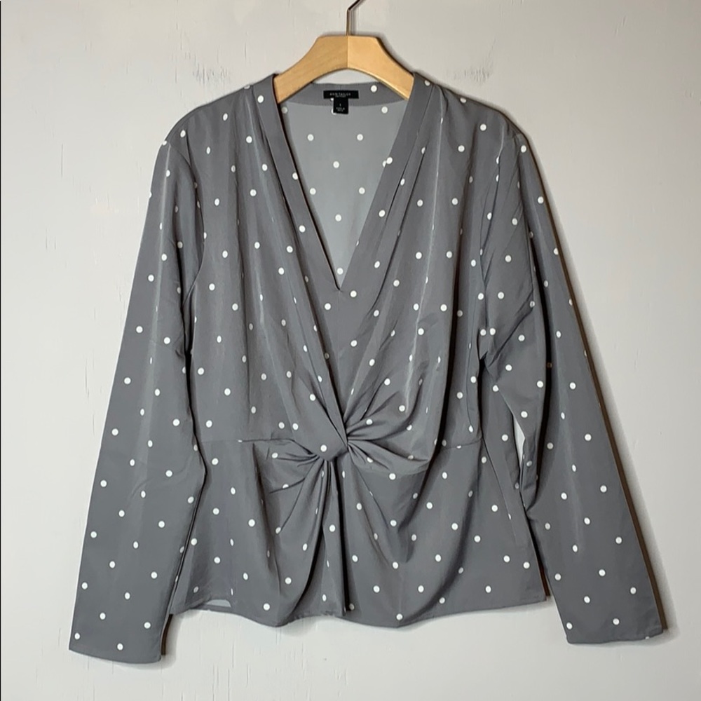 Ann Taylor Factory Gray Polka Dot Twist Front Top
